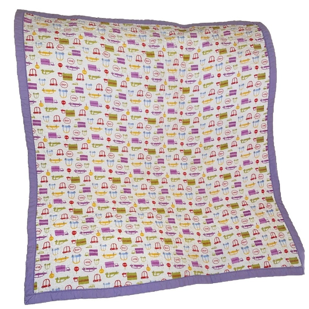 Handmade Baby Quilt Blanket Trucks Cars Cotton Purple Toddler Unique 43 X 38